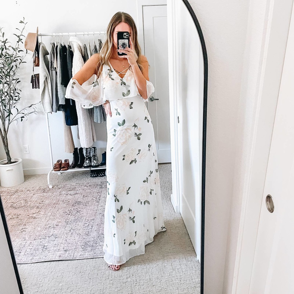 Lulu's White Floral Maxi Dress with Green Leaves